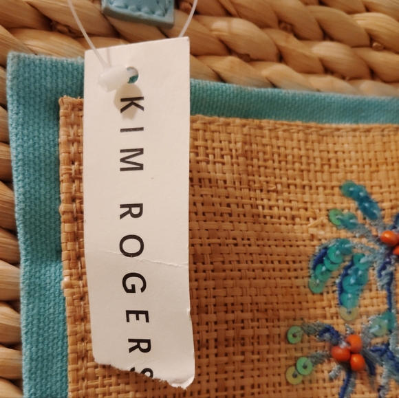 NWT Kim Rogers Tropical Palm Embroidered Straw Tote - Blue Trim - Picture 3 of 6